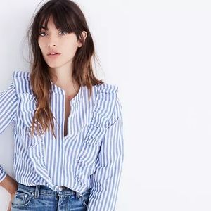 Madewell blue and white strip ruffle button down